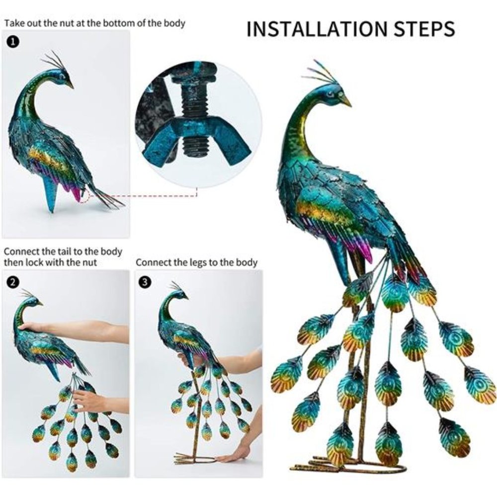 Metal Peacock Garden Statue and Sculpture, Peacocks Yard Art Lawn Ornament(1-Pc) - Picture 5 of 7
